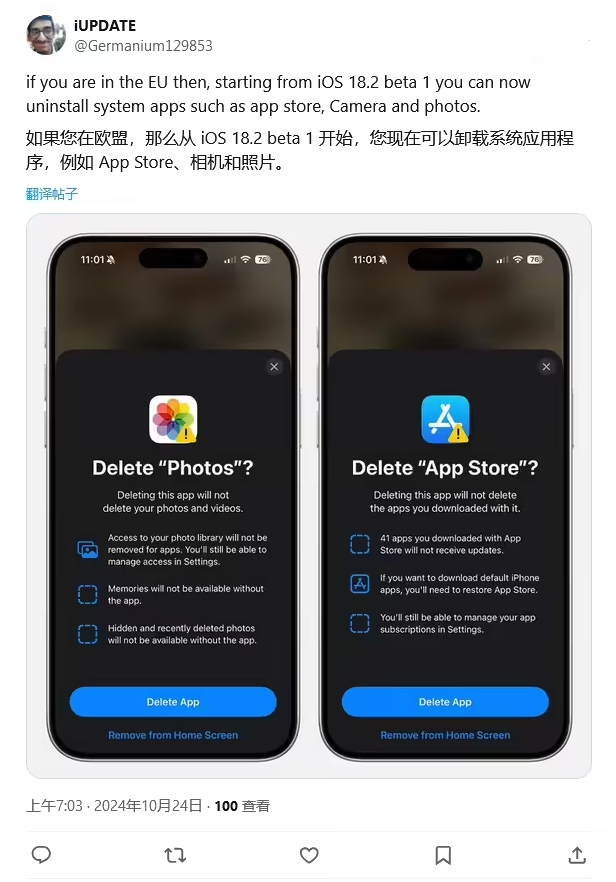 雷鸣镇苹果手机维修分享iOS 18.2 支持删除 App Store 应用商店 