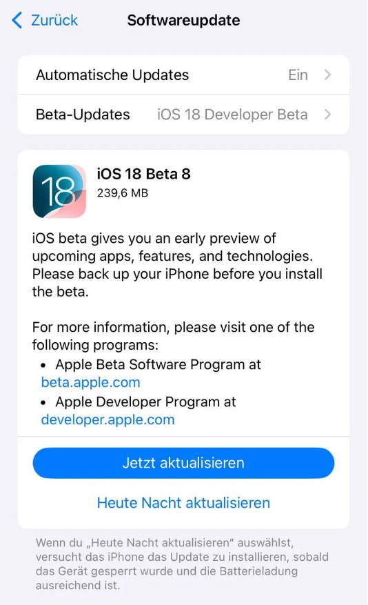 雷鸣镇苹果手机维修分享苹果 iOS / iPadOS 18 开发者预览版 Beta 8 发布 